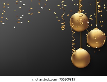 Vector illustration eps10 of happy new year and merry christmas 2018 background with star,chrsitmas ball,golden ribbon and confetti.