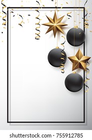 Vector illustration eps10 of happy new year and merry christmas 2018 background with star,chrsitmas ball,golden ribbon and confetti.