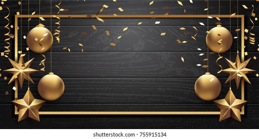 Vector illustration eps10 of happy new year and merry christmas 2018 background with star,chrsitmas ball,golden ribbon and confetti.