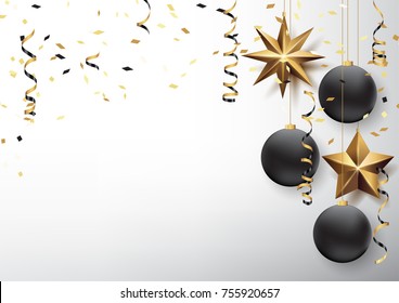 Vector illustration eps10 of happy new year and merry christmas 2018 background with star,chrsitmas ball,golden ribbon and confetti.