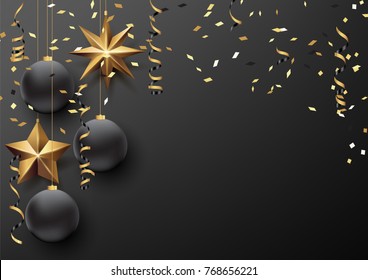 Vector illustration eps10 of happy new year and merry christmas 2018 background with star,chrsitmas ball,golden ribbon and confetti.