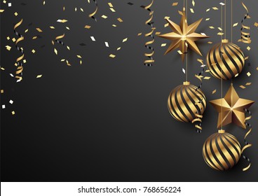 Vector illustration eps10 of happy new year and merry christmas 2018 background with star,chrsitmas ball,golden ribbon and confetti.