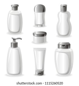Vector illustration eps10, isolated background. Realistic cosmetics tubes symbol, 3d beauty bank packaging mockup. Cartoon cute icon set, body, face, skin, perfume bottles, flat elegant sign
