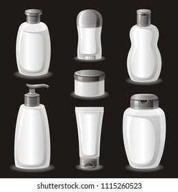 Vector illustration eps10, isolated background. Realistic cosmetics tubes symbol, 3d beauty bank packaging mockup. Cartoon cute icon set, body, face, skin, perfume bottles, flat elegant sign