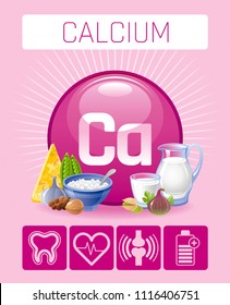 Vector illustration eps10, isolated background. Realistic Calcium Ca mineral vitamin supplement icons. Food and drink healthy diet symbol, 3d medical infographics poster template. Flat benefits design