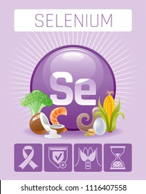 Vector illustration eps10, isolated background. Realistic Selenium Se mineral vitamin supplement icons. Food and drink healthy diet symbol 3d medical infographics poster template. Flat benefit design