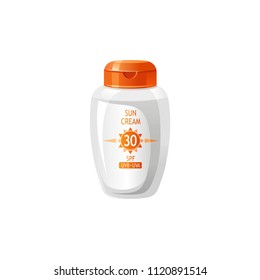 Vector illustration eps10, isolated background. Realistic cosmetics tubes symbol, 3d beauty suntan lotion packaging mockup. Cartoon cute icon body skin care bottle 30 spf, flat elegant sea beach sign