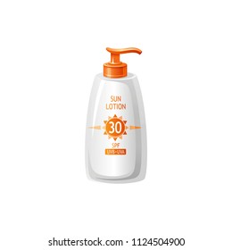 Vector illustration eps10, isolated background. Realistic cosmetics tubes symbol, 3d beauty suntan lotion packaging mockup. Cartoon cute icon body skin care bottle pump, flat elegant sea beach sign