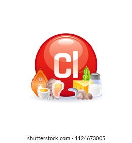 Vector illustration eps10, isolated background. Realistic Chlorine Cl mineral vitamin supplement icons. Food and drink healthy diet symbol, 3d medical infographics poster template. Flat benefit design