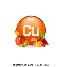 Vector illustration eps10, isolated background. Realistic Copper Cu mineral vitamin supplement icons. Food and drink healthy diet symbol, 3d medical infographics poster template. Flat benefits design