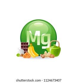 Vector illustration eps10, isolated background. Realistic Magnesium Mg mineral vitamin supplement icons. Food and drink healthy diet symbol 3d medical infographics poster template. Flat benefit design