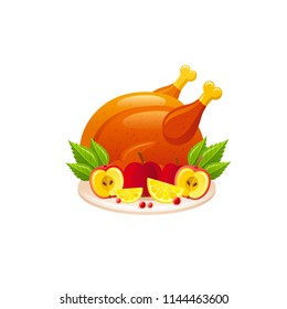 Vector illustration eps10 isolated background. Realistic autumn nature symbol, 3d roastd turkey bird, fall holiday food concept. Cartoon farm harvest festival icon. Thanksgiving day flat sign