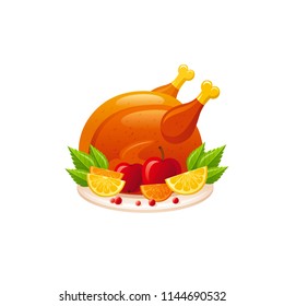 Vector illustration eps10 isolated background. Realistic autumn nature symbol, 3d roastd turkey bird, fall holiday food concept. Cartoon farm harvest festival icon. Thanksgiving day flat sign