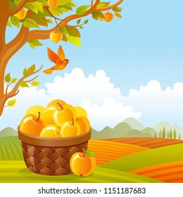 Vector illustration eps10 isolated blue sky fall landscape background. Realistic fall food symbol, 3d apple basket, fruit trees garden. Cartoon cute rural country icon flat sign. Retro flat farm sign