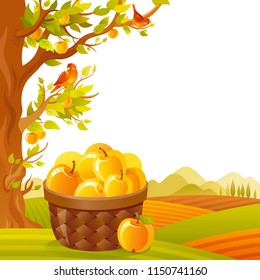 Vector illustration eps10 isolated fall landscape background. Realistic fall food symbol, 3d apple picking basket, fruit trees garden. Cartoon cute rural country icon flat sign. Retro flat farm sign