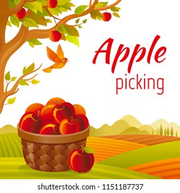 Vector illustration eps10 isolated fall landscape background. Realistic fall food symbol, 3d apple picking basket, fruit trees garden. Cartoon cute rural country icon flat sign. Retro flat farm sign