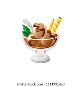 Vector illustration eps10, isolated on white background. Realistic food and drink symbol, 3d coffee or chocolate ice cream dessert in glass cup with choco syrup, wafer. Cartoon cute icon, flat sign