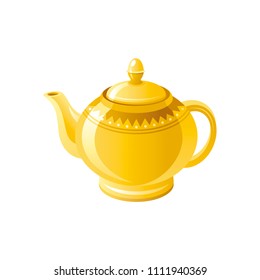 Vector illustration eps10, isolated on white background. Realistic food and drink symbol, 3d traditional yellow parcelain ceramic tea and coffee pot. Cartoon cute icon. Retro drinking flat sign.