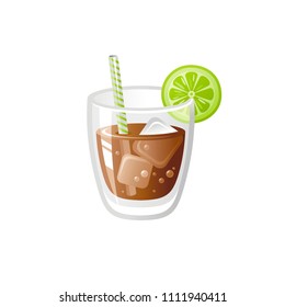 Vector illustration eps10, isolated on white background. Realistic cold summer cocktail drink symbol, 3d ice tea, coffee or cola with lime. Cartoon cute glass icon. Retro drinking flat sign.