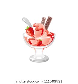 Vector illustration eps10, isolated on white background. Realistic food and drink symbol, 3d strawberry vanilla ice cream dessert in glass cup with syrup, chocolate. Cartoon cute icon, flat sign