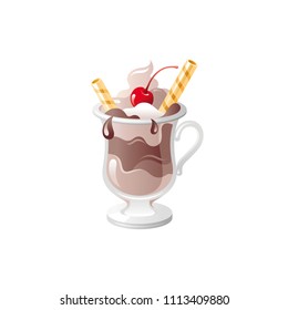 Vector illustration eps10, isolated on white background. Realistic food and drink symbol, 3d chocolate ice cream or milk shake dessert in glass cup with syrup, wafer, cherry. Cartoon icon, flat sign