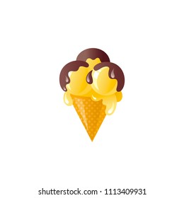Vector illustration eps10, isolated on white background. Realistic food and drink symbol, 3d vanilla ice cream balls dessert in wafer cone with chocolate toping. Cartoon cute icon, flat sign