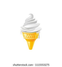 Vector illustration eps10, isolated on white background. Realistic food and drink symbol, 3d vanilla ice cream dairy product, milk dessert in wafer cone, calcium rich. Cartoon cute icon, flat sign