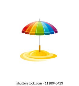Vector illustration eps10, isolated on white background. Realistic vacation travel symbol, relaxation design, 3d beach striped rainbow parasol umbrella. Cartoon cute suntan sea beach icon, flat sign