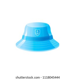 Vector illustration eps10, isolated on white background. Realistic vacation travel symbol, fashion design, 3d elegant blue hat, sun protection. Cartoon cute sea beach icon, flat sign