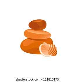Vector illustration eps10, isolated on white background. Realistic vacation travel symbol, relaxation design, 3d spa stones tower rock, seashell. Zen cartoon cute suntan sea beach icon, flat sign