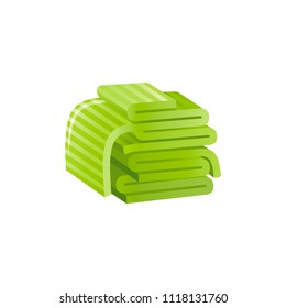Vector illustration eps10, isolated on white background. Realistic vacation travel symbol, fashion design, 3d soft green cotton textile towels, for hotel, beach. Cartoon cute sea beach icon, flat sign