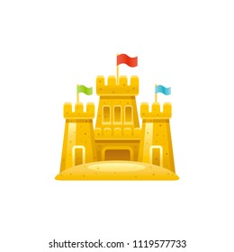 Vector illustration eps10, isolated on white background. Realistic vacation travel symbol, fun, play toy concept, 3d sand castle with fortress. Cartoon cute sea beach icon, flat sign