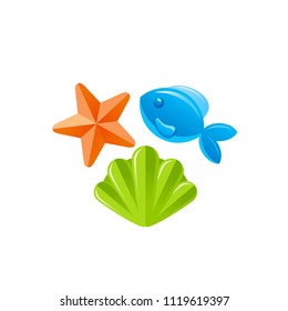 Vector illustration eps10, isolated on white background. Realistic vacation travel symbol, fun play toy concept, 3d plastic sandboxes, fish, shell. Cartoon baby toy cute sea beach icon, flat sign