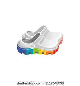Vector illustration eps10 isolated on white background. Realistic vacation travel symbol, summer fashion shoes concept, 3d white flip-flop clog, sandal clogs. Cartoon cute sea beach icon flat sign