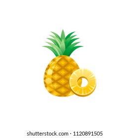 Vector illustration eps10, isolated on white background. Realistic food and drink symbol, 3d natural organic juicy pineapple fruit. Cartoon cute tropical exotic ananas icon. Retro drinking flat sign