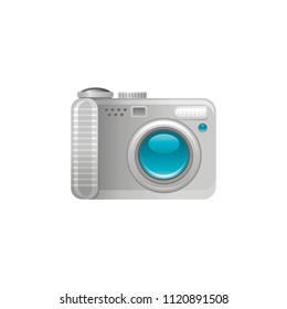 Vector illustration eps10 isolated on white background. Realistic vacation travel photography symbol, photo camera, 3d photograph equipment whith blue sea in focus. Cartoon modern image icon flat sign