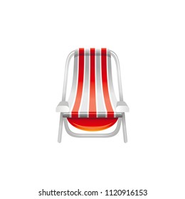 Vector illustration eps10, isolated on white background. Realistic vacation travel symbol, relaxation design, 3d beach striped red wite chair for rest. Cartoon cute suntan sea beach icon, flat sign