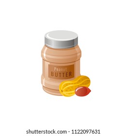 Vector illustration eps10, isolated on white background. Realistic food and drink symbol, 3d peanut butter jar with peanut nut, healthy organic bee product. Cute breakfast icon. Retro flat sign.