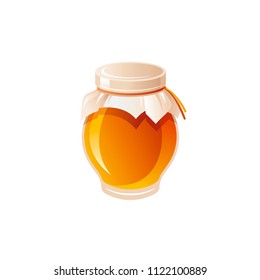 Vector illustration eps10, isolated on white background. Realistic food and drink symbol, 3d honey glass jar, healthy organic bee product. Cute breakfast icon. Retro flat sign.