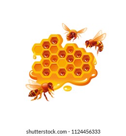 Vector illustration eps10 isolated on white background. Realistic food, drink symbol, 3d honeycomb, flying bees. Cartoon cute honey icon, flat sign, tasty snack, yummy beekeeping emblem