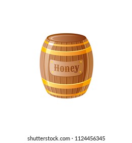 Vector illustration eps10 isolated on white background. Realistic food, drink symbol, 3d honey barrel. Cartoon cute wooden cask icon, flat sign, tasty snack, yummy meal