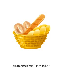 Vector illustration eps10 isolated on white background. Realistic food, drink symbol, 3d bread basket baguette, wheaten roll, bun. Cartoon cute bakery icon flat sign, tasty snack, yummy organic cookie