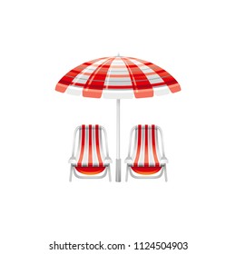 Vector illustration eps10, isolated on white background. Realistic vacation travel symbol, relaxation design, 3d beach striped red parasol umbrella, chair. Cartoon cute suntan sea beach icon flat sign