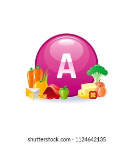 Vector illustration eps10 isolated on white background. Retinol Vitamin A vitamins supplement icons. Food and drink healthy diet symbol, 3d medical infographics poster template. Flat benefits design