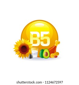 Vector illustration eps10 isolated on white background. Vitamin B5  pantothenic vitamin supplement icons. Food drink healthy diet symbol, 3d medical infographics poster. Flat benefits design