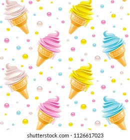Vector illustration eps10 isolated on white background. Realistic food drink symbol, 3d colorful ice cream dessert wafer cone. Cartoon cute icon set flat sign. Seamless pattern wallpaper textile print