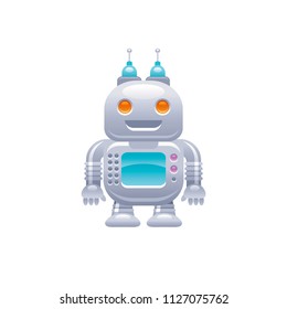 Vector illustration eps10 isolated on white background. Realistic baby toy symbol, fun play childhood concept, 3d plastic vintage robot . Cartoon cute childy toy, cute funny preschool icon, flat sign