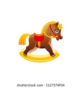 Vector illustration eps10 isolated on white background. Realistic baby toy symbol, fun play childhood concept, 3d wooden rocking horse. Cartoon cute child toy, cute funny preschool icon, flat sign