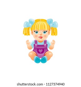 Vector illustration eps10 isolated on white background. Realistic baby toy symbol, fun play childhood concept 3d doll puppet girl bodysuit. Cartoon cute child toy, cute funny preschool icon flat sign