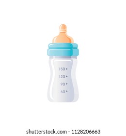 Vector illustration eps10 isolated on white background. Realistic baby care symbol, childhood concept, 3d plastic glass milk bottle nipple. Cartoon cute preschool icon, flat sign